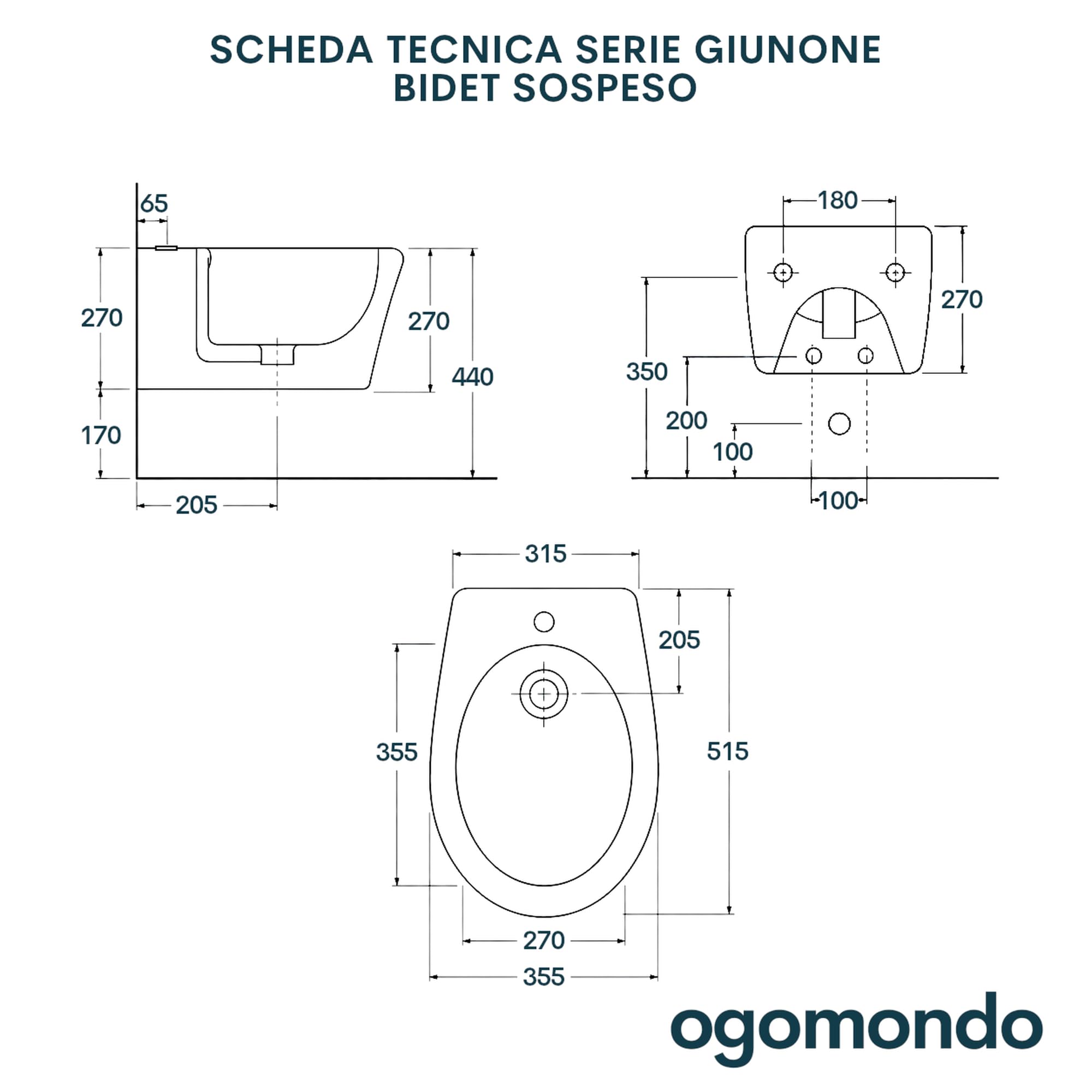 Giunone Bidet Sospeso in Ceramica Sanitaria, Scarico a Parete, Bianco Lucido, 35,5 x 51,5 cm