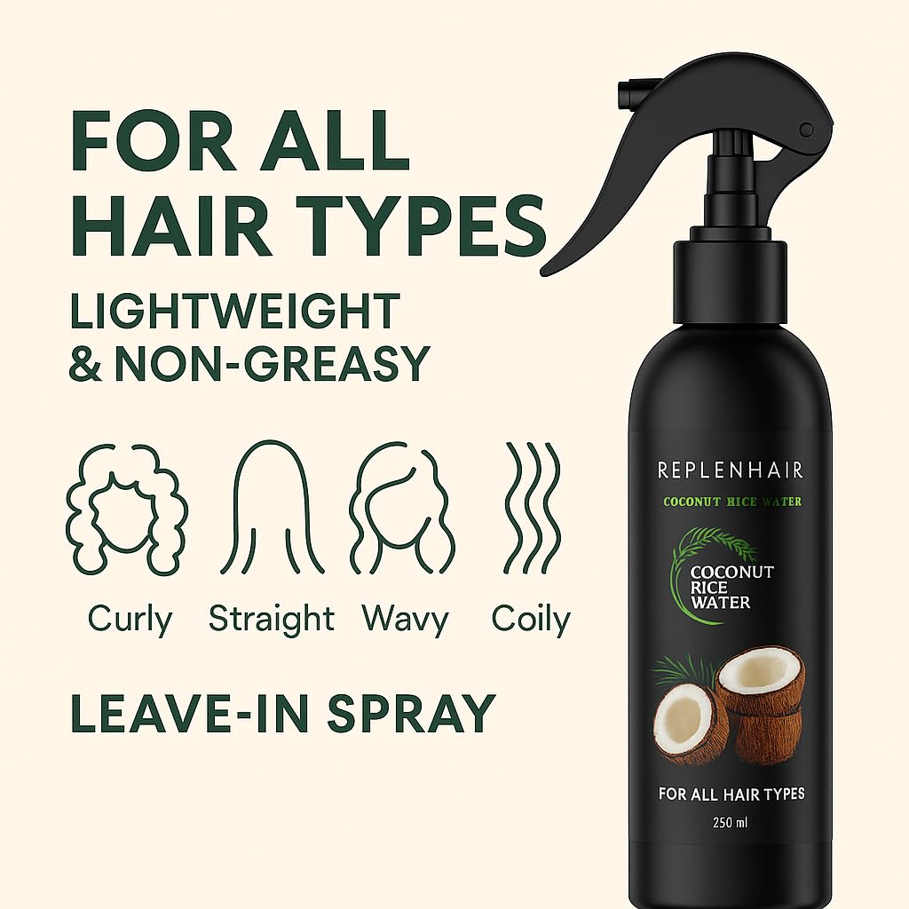 Reiswasser-Kokosnuss Haarspray – Leave-In-Conditioner mit Kokosöl & ätherischen Ölen für Haarwachstum, reduziert Haarausfall & Schuppen, fördert dichteres Haar – 250 ml