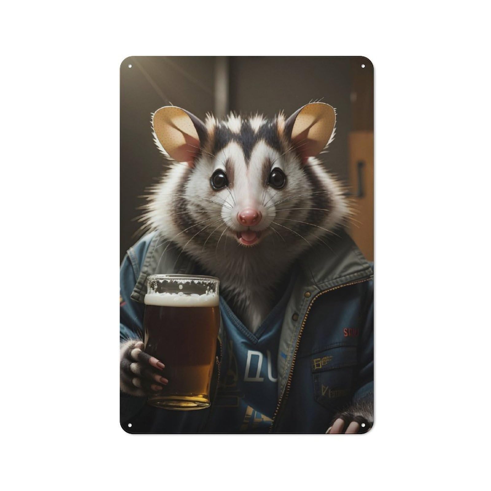 Junmoney Opossum Drinking Funny Tin Wall Plaque 30X20cm With For Garage Or Workshop, For An Autumn Wall Display In Garage And Workshop