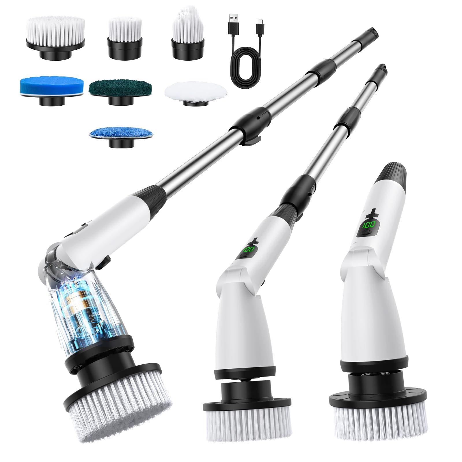 Spazzola elettrica 11 in 1 per la pulizia senza fili, 3 angoli regolabili, 2 velocità regolabili, display a LED, spazzola per la pulizia della doccia, prolunga con manico lungo per bagno, pavimento