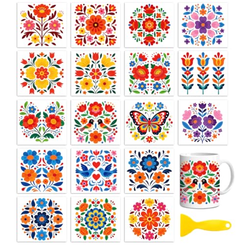 Peacoblue 18 Feuilles Transferts à Frotter DIY Fleurs Mexicaines