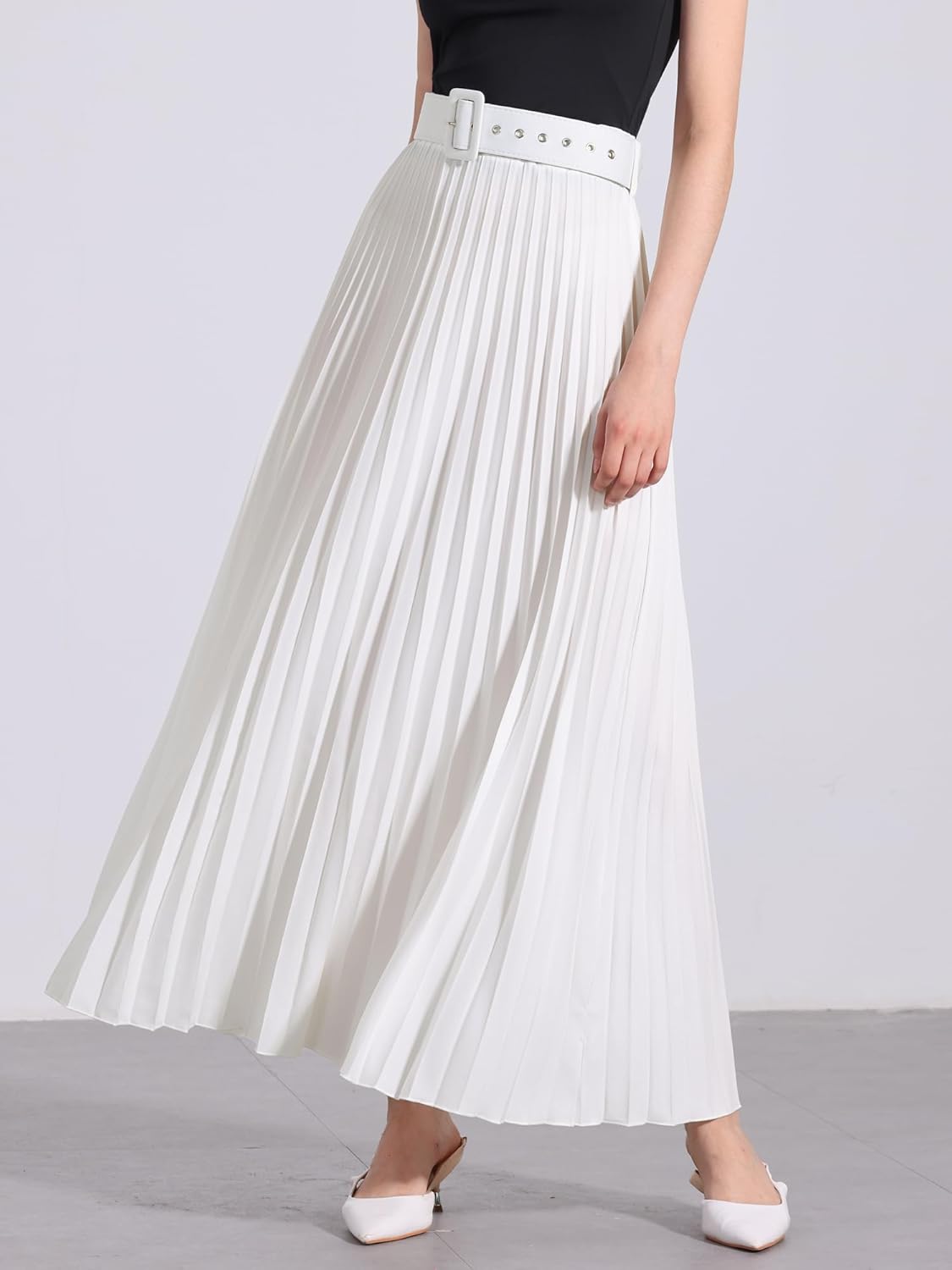 Allegra K Long Pleated Skirt for Women's Elastic High Waist with Belt Swing A-line Work Maxi Skirt - Image 3