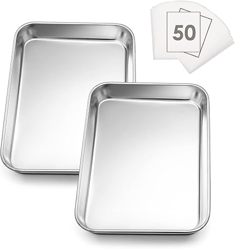 E-far - Juego de 2 bandejas pequeñas para hornear, de acero inoxidable de 9.4 x 7.3 pulgadas, para horno tostador con 50 papeles pergaminos, bandeja