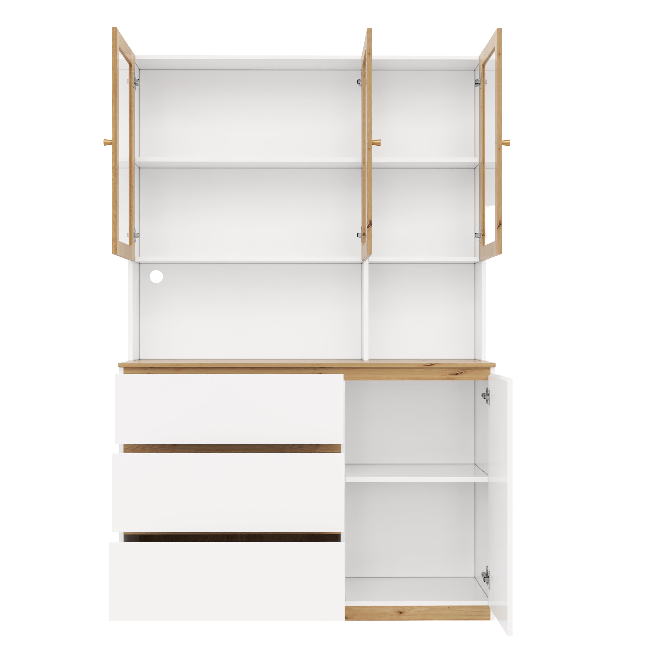 Merax Vitrine Hochschrank mit LED 120×24,5×200 cm, Glasvitrine mit 3 Schubladen und Tür, offenes Fach mit Kabelmanagement, Standmöbel für Wohnzimmer Esszimmer Küche, Weiß+Holzfarbe