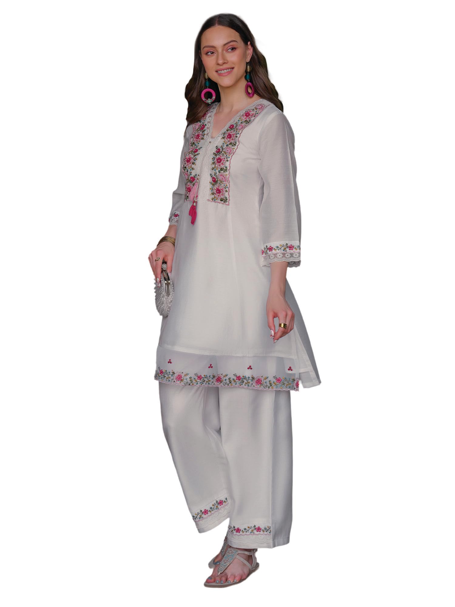 Women's Silk Blend Floral Embroidered Thread Work A-Line Kurta & Pant Set | Co Ord Set For Women Stylish-image-20