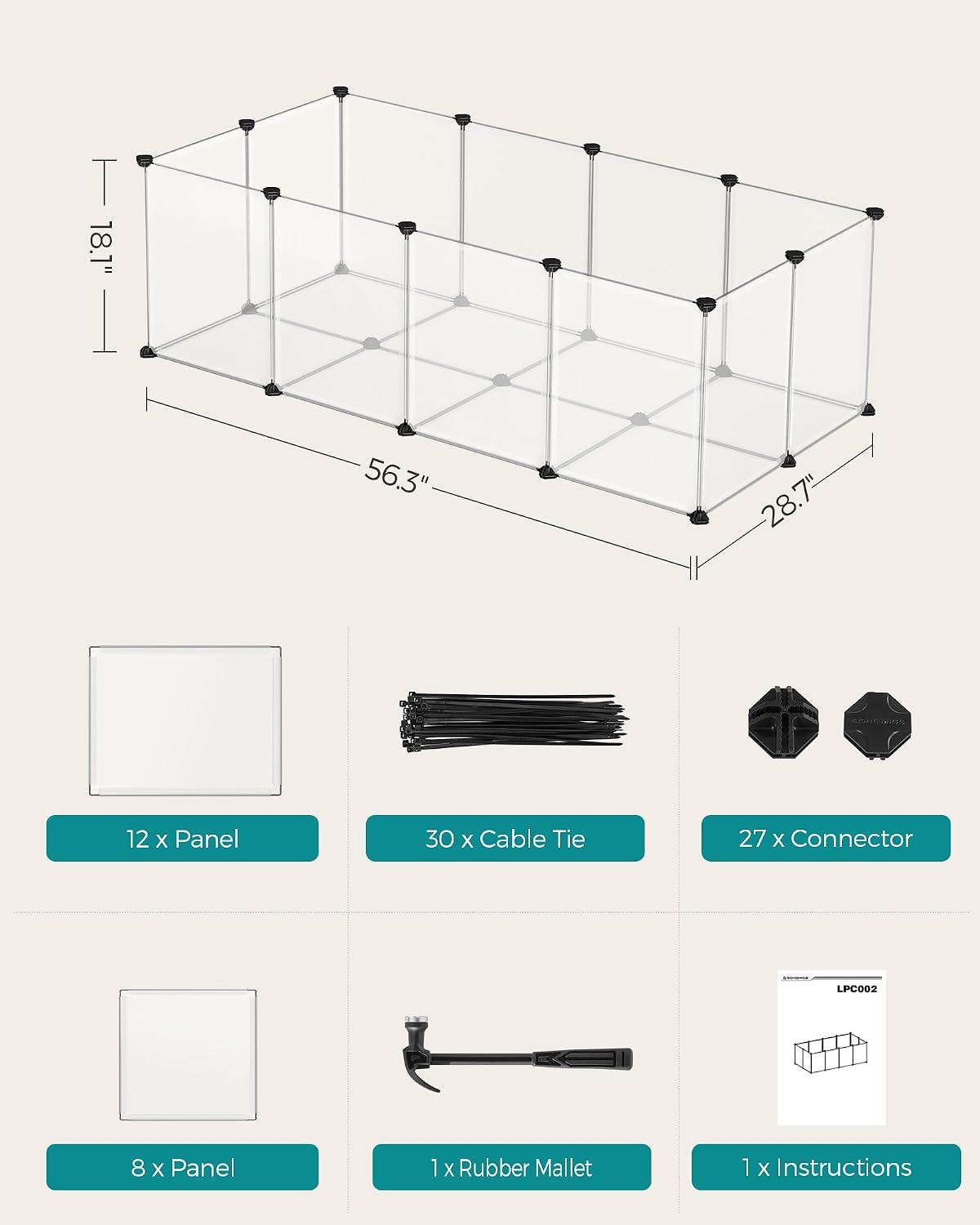 SONGMICS Pet Playpen with Floor, Small Animal Pen, Pet Fence Indoor, DIY Plastic Enclosure for Hamsters, Rabbits, Hedgehogs, Ferrets, 56.3 x 28.7 x 18.1 Inches, White ULPC02W