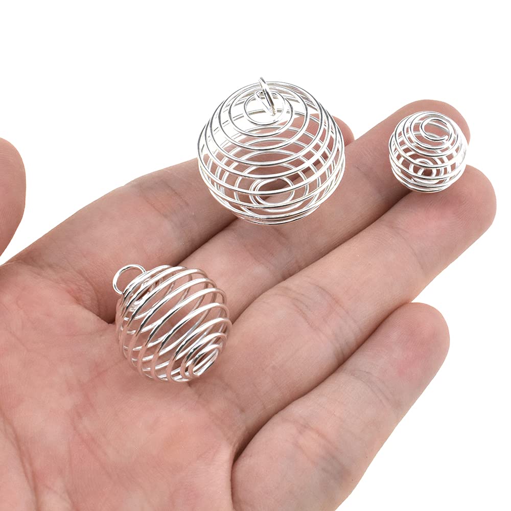 Yadaland Silver Plated Spiral Bead Cage Pendants 15 25 30mm kit Stone Holder Essential Oil Diffuser Ring Big Enough to Insert Good Stretch Back to Shape Well Not Tangle Pop Out for Necklace 18pieces