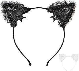 shefun カチューシャ レディース 女の子 猫耳 黒 白 2本セット メイド ロリータ リボン レース 髪飾り ゴスロリ ヘアアクセサリー 猫耳カチューシャ コスプレ小物 JP174-2pcs (Cat-2pack-JP174)