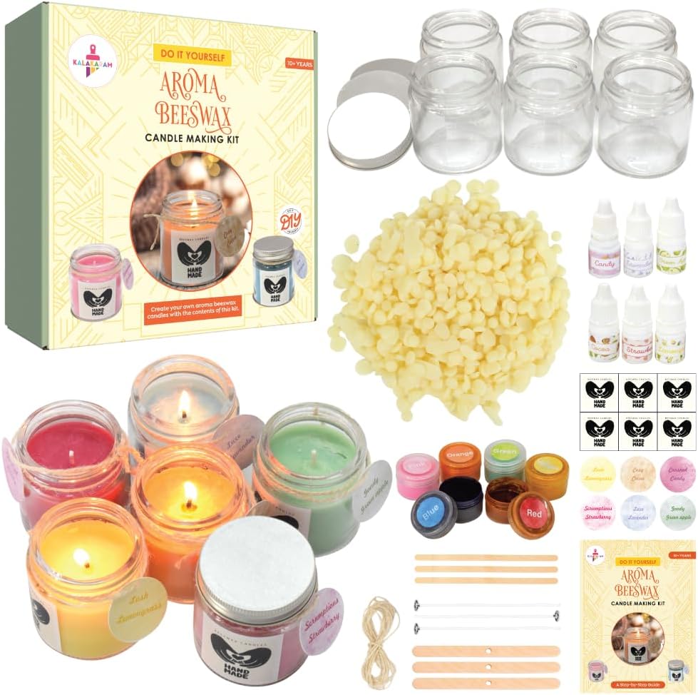 Kalakaram Aroma Beeswax Candle Making Kit, Pure & Natural Beeswax, 6 Decorative Jars, 6 Exotic Scents, Colors & More - Perfect for Home Decor & DIY Gifts - Beginner-Friendly Scented Candles Craft Kit