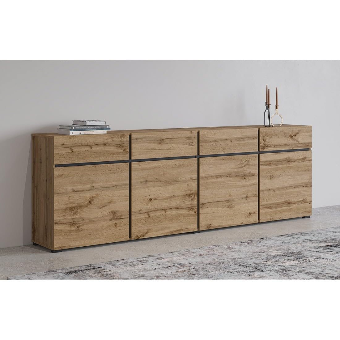 Buffet XL Coloris chêne et Noir 225cm Collection Havana. Bahut Design avec 4 Portes et 4 tiroirs.