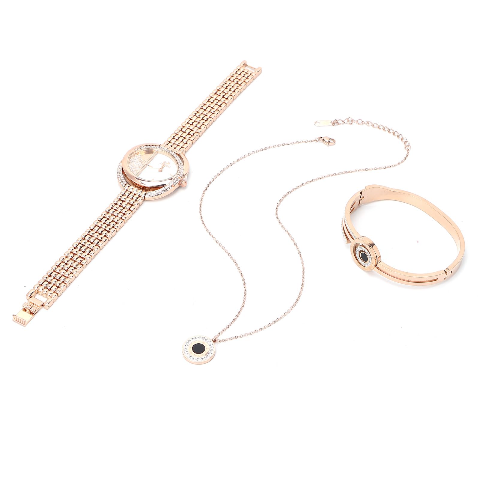 YUYTE Damen Armbanduhr Armband Schmuck Set, Damen Schmuckset Uhrenarmband Halskette, Rose Gold und Gold für Frauen Mädchen Strass Quarzuhr für Weihnachten Bracelet Jewelry Set