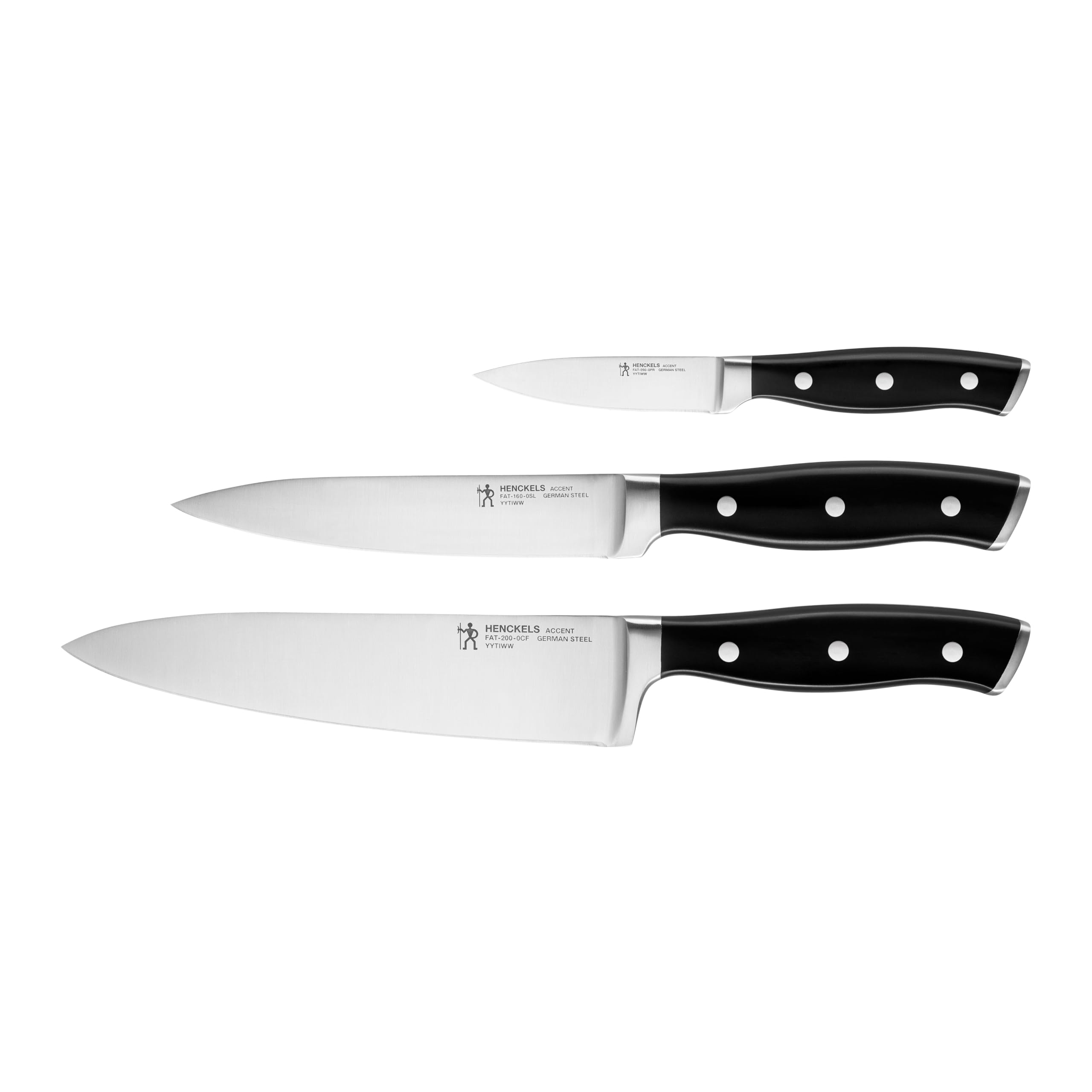 HENCKELS by ZWILLING Accent Set de couteaux 3 pièces, couteau d'office, couteau à viande et couteau de cuisine, noir avec rivets