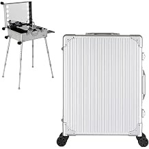Aluminum Trolley Makeup Train Case with LED Lights Professional Cosmetic Organizer Studio, 3 Shades of Light, Wheels and Stands Rolling Silver Stripe 58X45X23cm