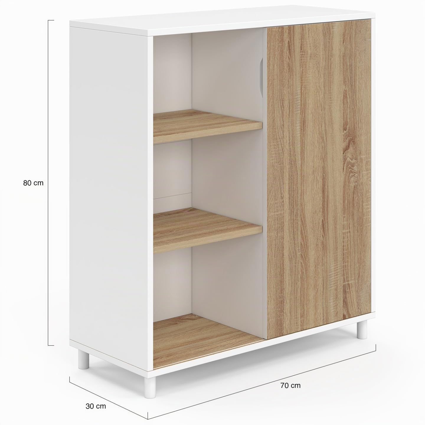 IDMarket - Credenza EASY 70 cm - facile da montare senza attrezzi - 3 ripiani e 1 anta scorrevole reversibile in bianco e legno