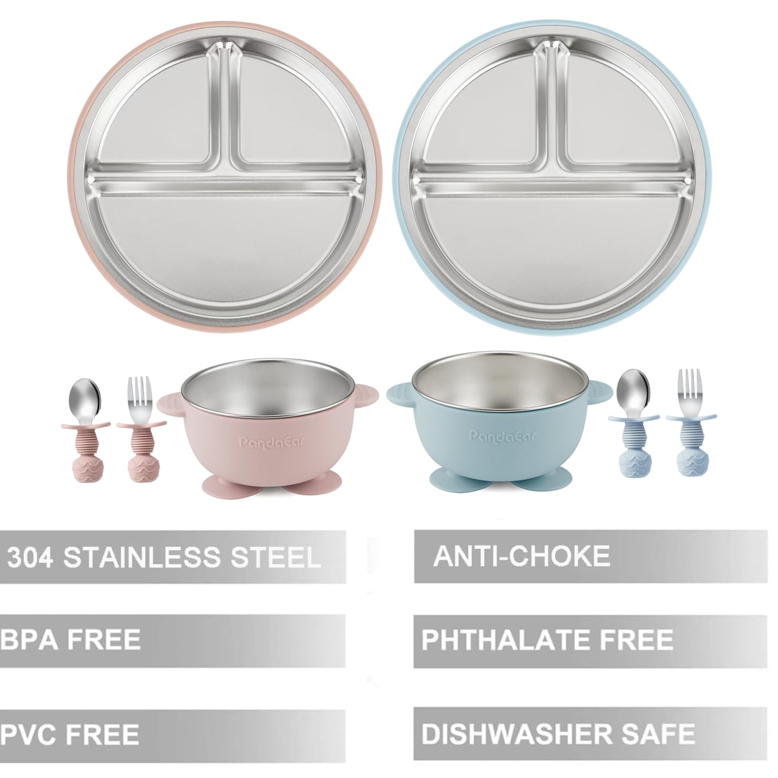 PandaEar 8 Pack Stainless Steel Baby Feeding Set, 2 Baby Suction Plates & 2 Toddler Bowls & 2 Spoons and Forks Set - Image 3