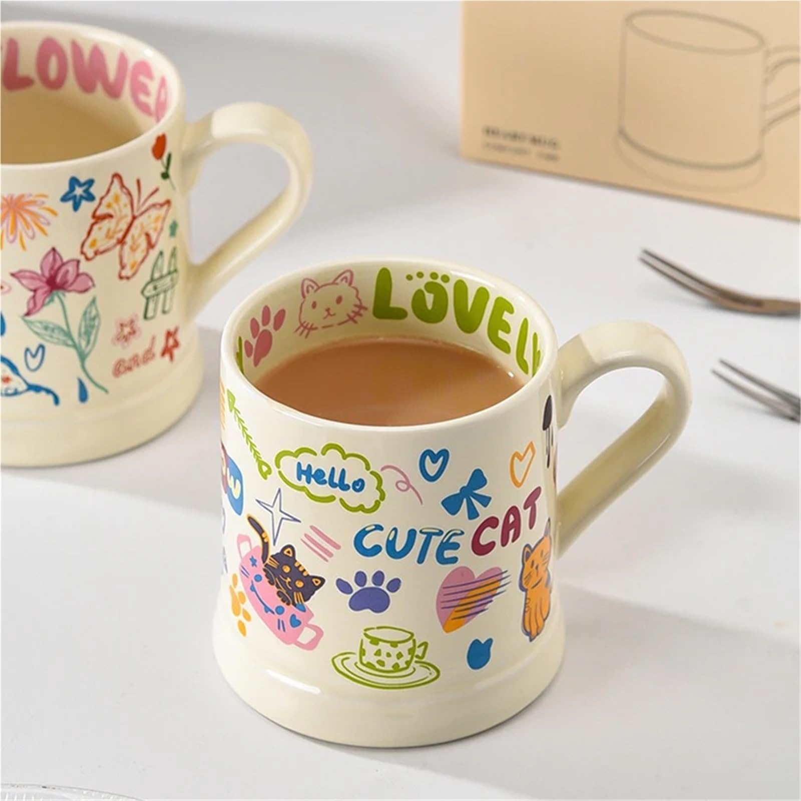 Tazas con Estampado de Flores, 2 uds., 370ml, Taza de café Creativa, Taza for Beber, Desayuno, Leche, Zumo, Grafiti Bonito, Taza de Agua for el hogar para Café y Leche