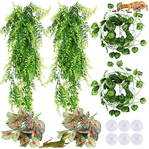 PietyPet Hängepflanze Terrarium Zubehör, kunstpflanze hängend, Künstliche Pflanzen Bartagame Reptilien Terrarium Kletterreben Blätter, Chamäleon Terrarium Deko für Eidechsen, Schlangen, Leguan Cover