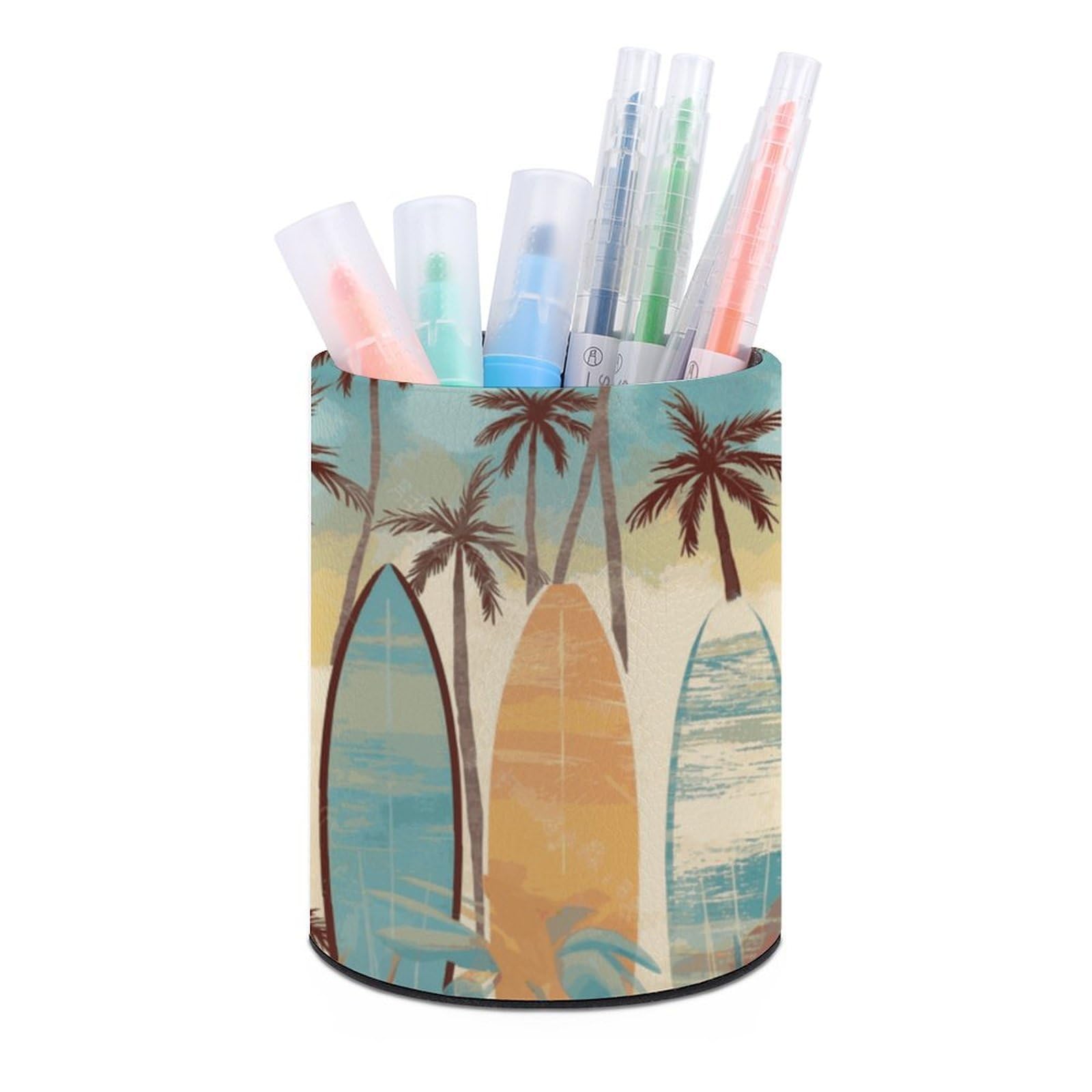 VstaDank Surfboard Palm Tree Pen Holder PU Leather Pencil Cup Minimalist Desk Pencil Holder Round Make Up Brush Organizers For Office Dorm Room&Vanity Desk Accessories
