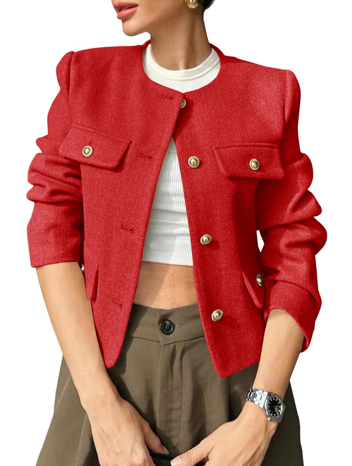 Cicy Bell Womens Cropped Tweed Blazers Jacket Collarless Button Down Business Casual 2025 Fall Outfits Winter Coats