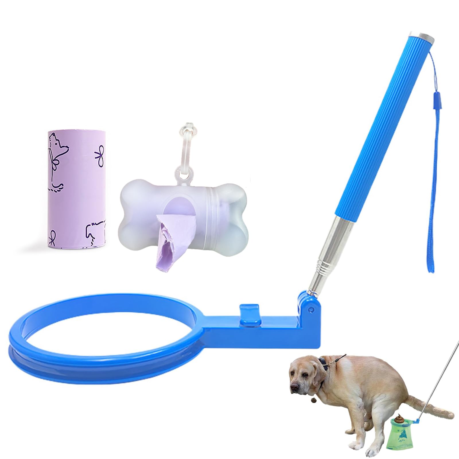 Dog Poop Catcher with Bag, Long Handle Telescopic Pooper Scooper, Portable Duty Poo Pick up Rake Dog Poop Catcher for Adventures Puppy Park Walks Cleanup Convenience Travel Outings (Set B)