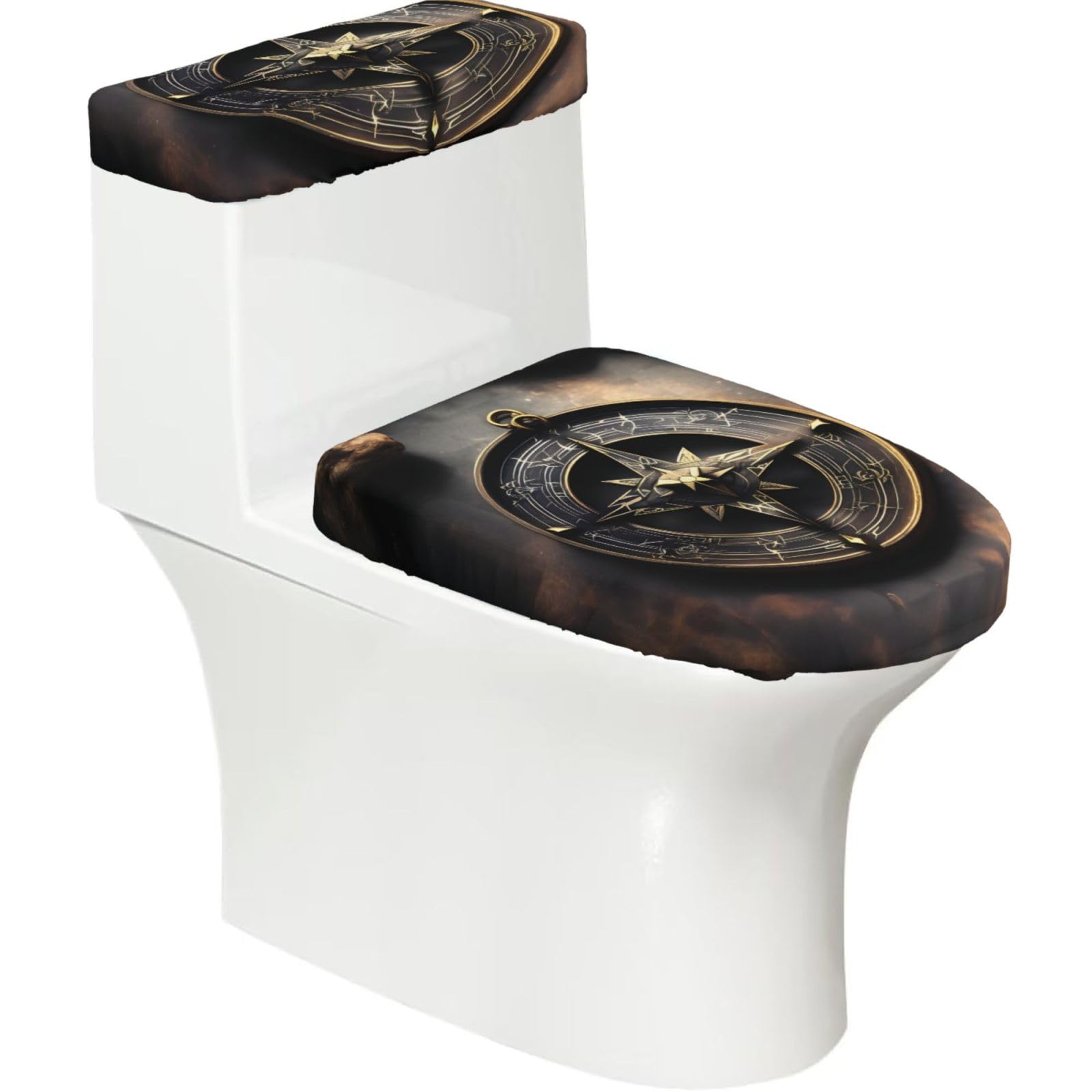 Cntdbu Black Magical Design Norse Runes Compass Stretchy Toilet Lid And Tank Cover Set-Soft Elastic Bathroom Decor For U Shape Oval