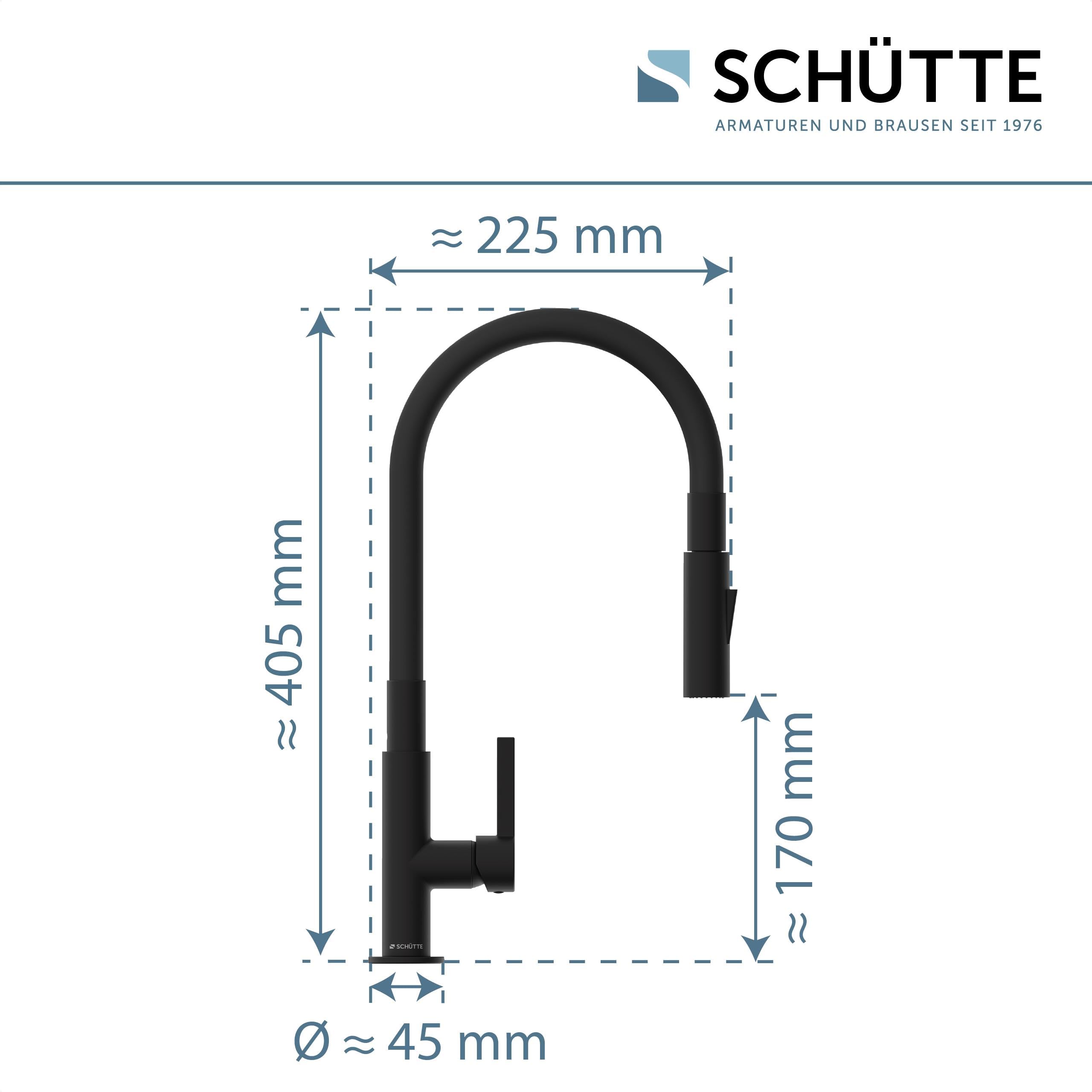 SCHÜTTE GLASGOW Schwarz Flexible Spültischarmatur mit Eco-Click-Funktion, biegsamer Wasserhahn für die Küche schwarz, Auslauf mit Soft-Touch-Schlauch, 360 Grad schwenkbar, Wasserhahn Küche, 79586