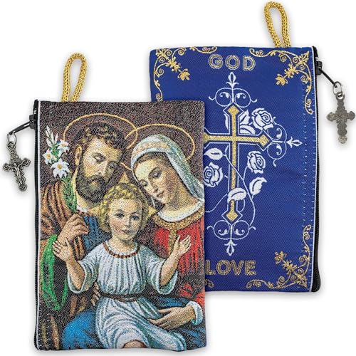 Image of TREE OF LIFE REV. 22:14 Catholic Rosary Pouch, Holy Family & God is Love, 4 inch x 6 inch Jewelry & Coin Purse with Cross, Small Woven Tapestry Icon Bag, Bolsa de Rosario Catolico para Joyeria