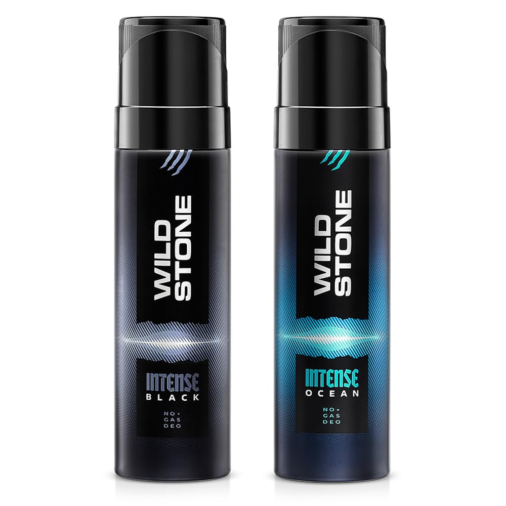 Wild Stone Intense Black and Ocean No Gas Deodorants for Men, Long Lasting Mens Body Sray, Pack of 2 (120ml each)