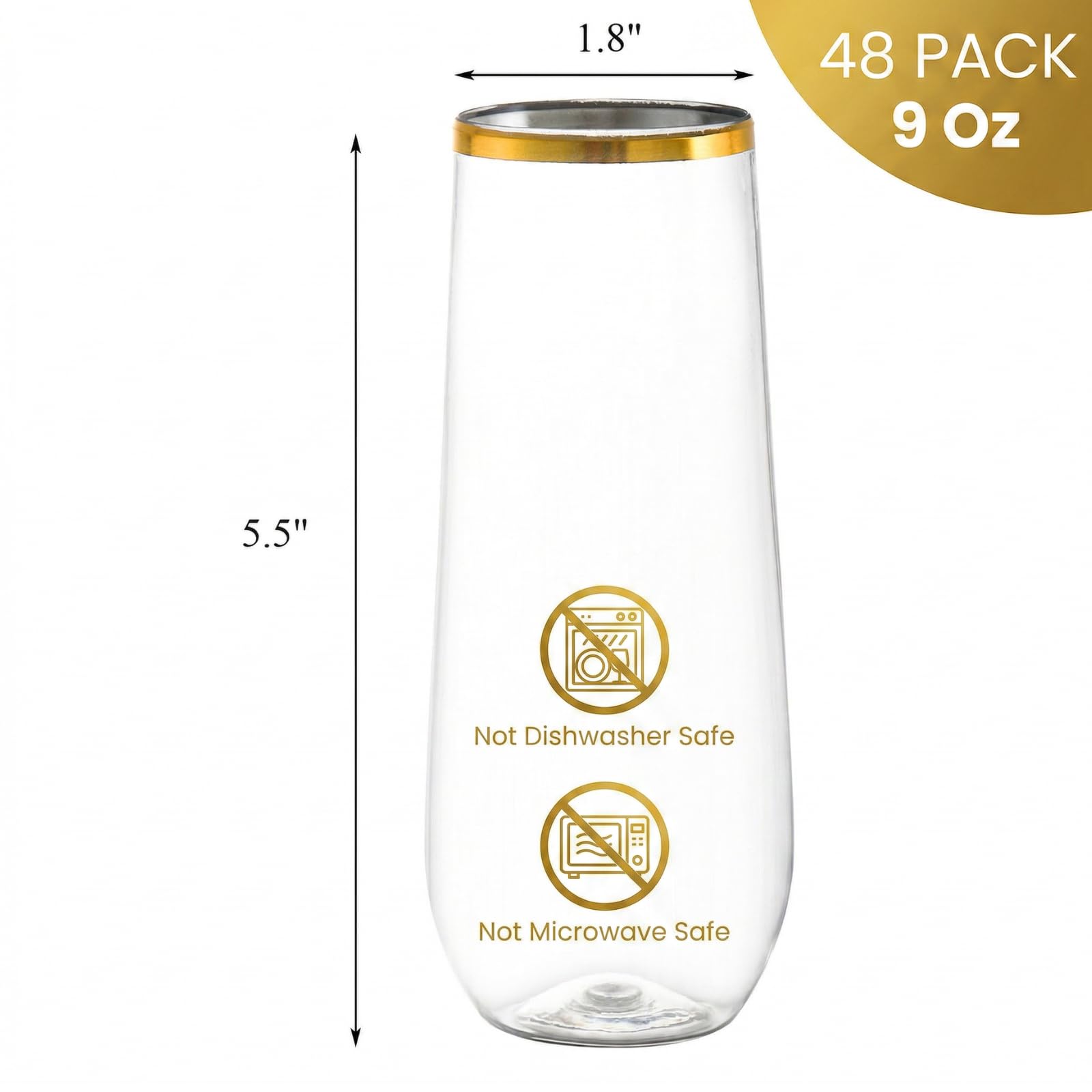 Hacaroa Paquete de 48 copas de champán de plástico sin tallo, 9 onzas, vasos de tostado transparentes de alta bola, vasos desechables de Mimosa para vino, cóctel, bar, inastillable, borde dorado