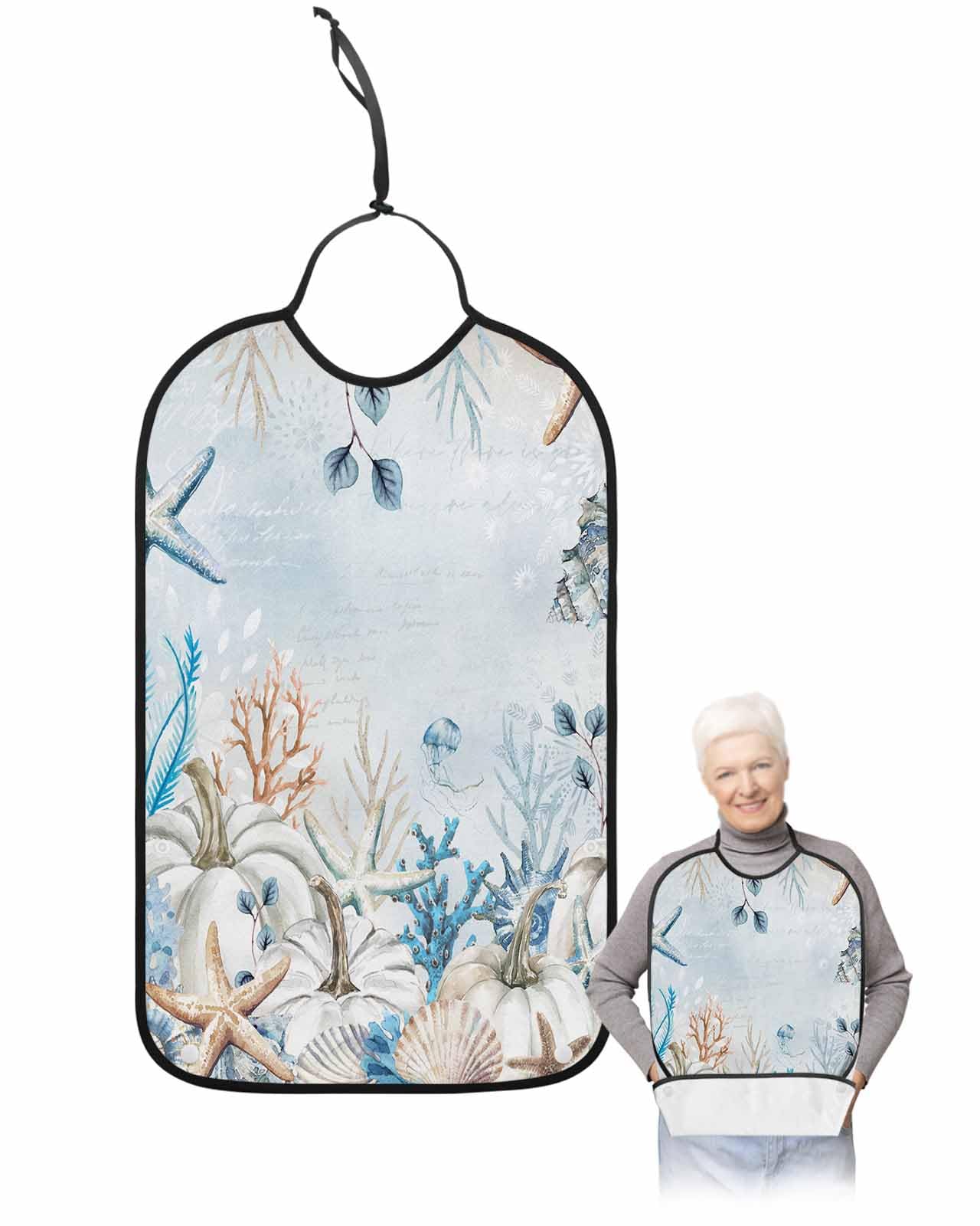 LEOKOTI Blue Fall Pumpkins Adult Bibs for Eating, Waterproof Bibs with Food Catcher & Snap Closure, Thanksgiving Botanical Starfish Coastal Washable Clothing Protectors Adult Bibs for Elderly