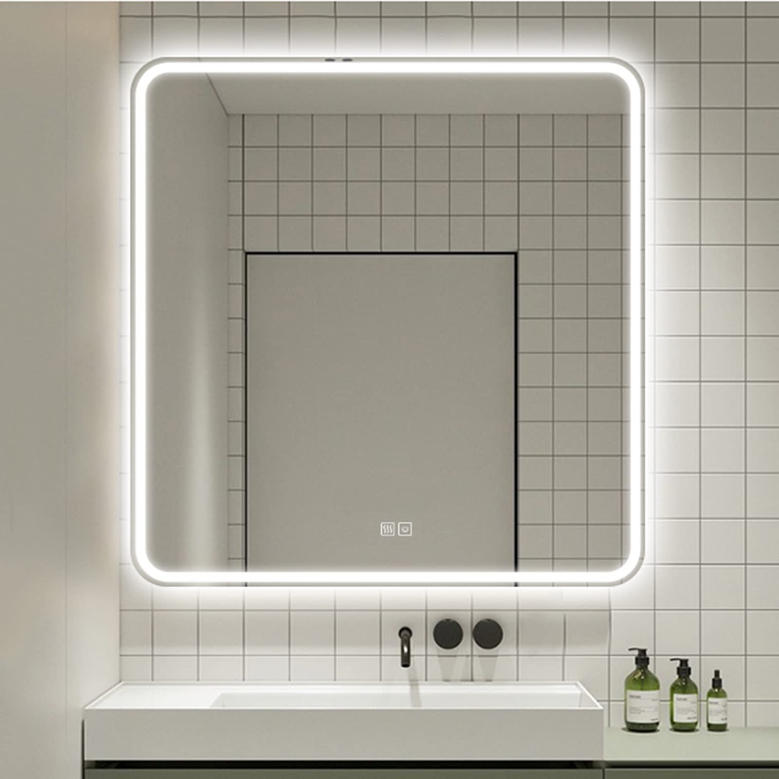 Specchio da Bagno LED Quadrato Senza Cornice con Luce, Specchio cosmetico a Parete da 60 cm / 70 cm / 80 cm, Specchio per Il Trucco, antiappannamento, Luce dimmerabile a 3 Colori, Funzione d