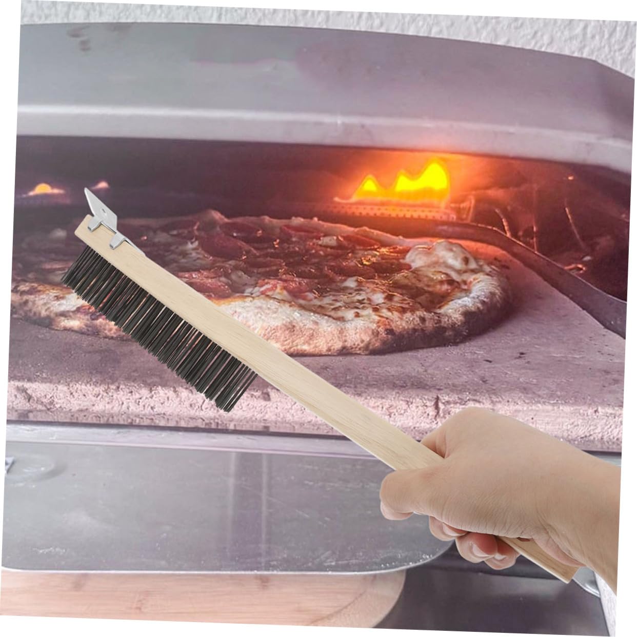 2 Piezas Cepillo para Horno de Pizza con Mango de Madera Raspador Multifuncional para Limpieza Segura de Piedra de Pizza y Parrillas de Beige