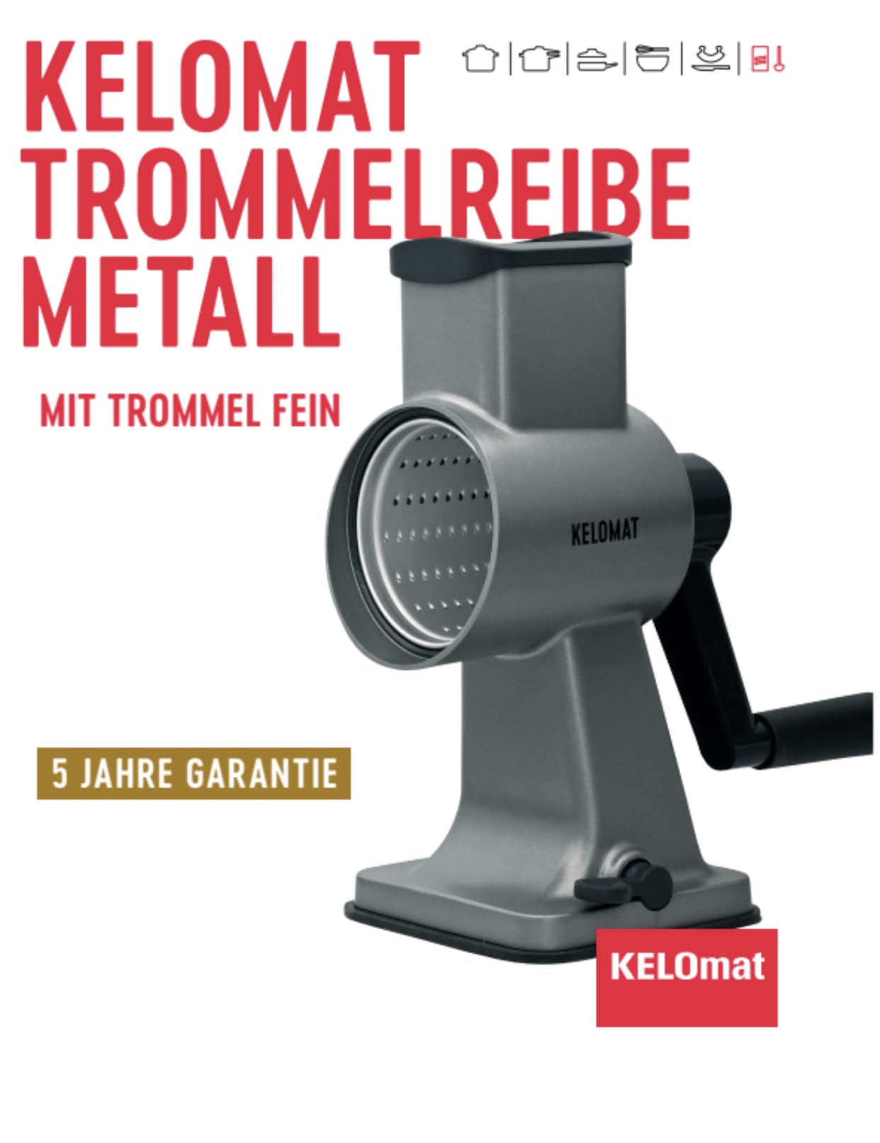Kelomat 4278-147, Trommelreibe Metall, mit Trommel fein, KELOMAT KÜCHENHELFER, LBH 21x14.5x25.5cm, Gew. 1,44 kg, Trommel aus Edelstahl, mit Saugfuss, incl. Schraubklemme,