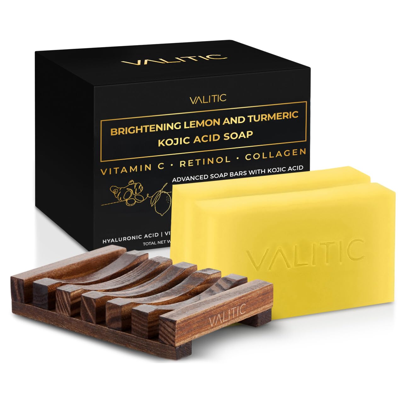VALITIC Brightening Lemon & Turmeric Kojic Acid Soap with Vitamin C, Retinol, Collagen - Original Japanese Complex - with Hyaluronic Acid, Vitamin E, Shea Butter, Castile Olive Oil 2 Pack+Holder