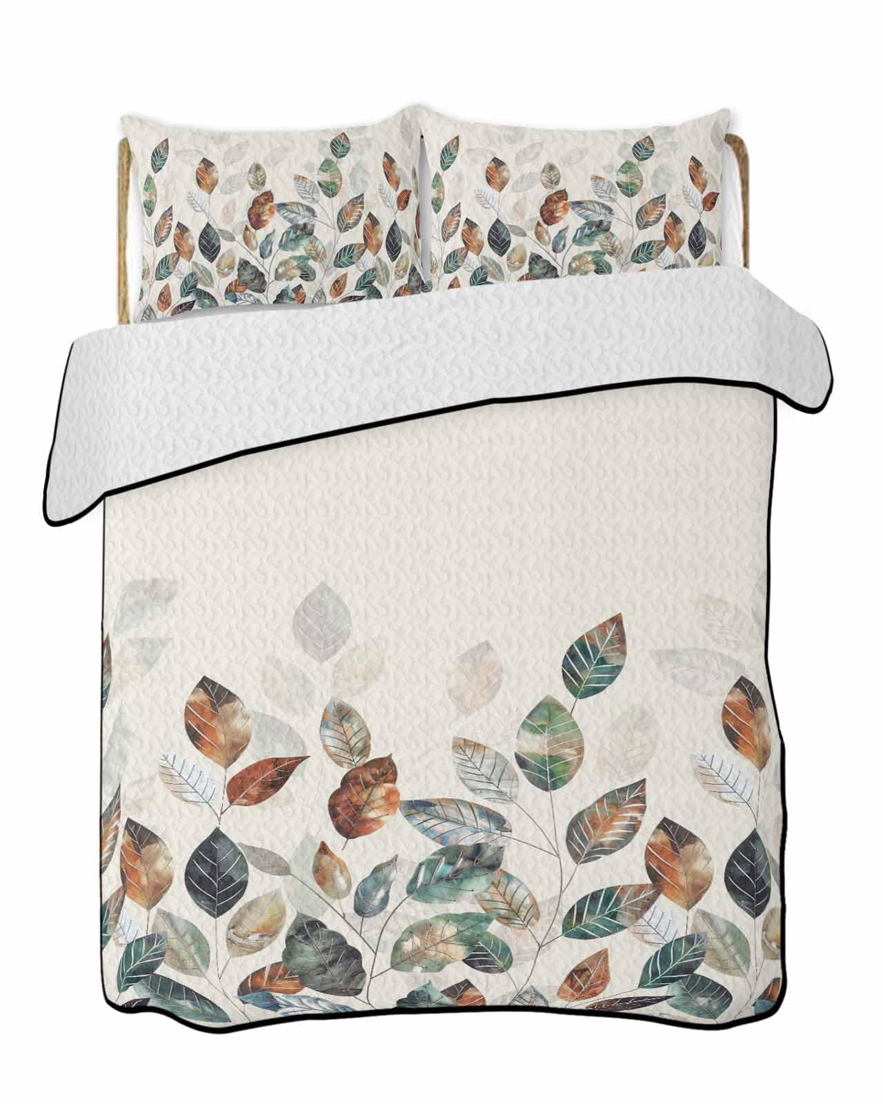 LOT BASIC 3-Piece Summer Quilt Twin XL Size, Teal Brown Botanical Lightweight Cooling Bedding Comforter Blanket with 2 Pillow Shams, Pastoral Fall Leaf Bedspreads Quilted Coverlet Sets 68