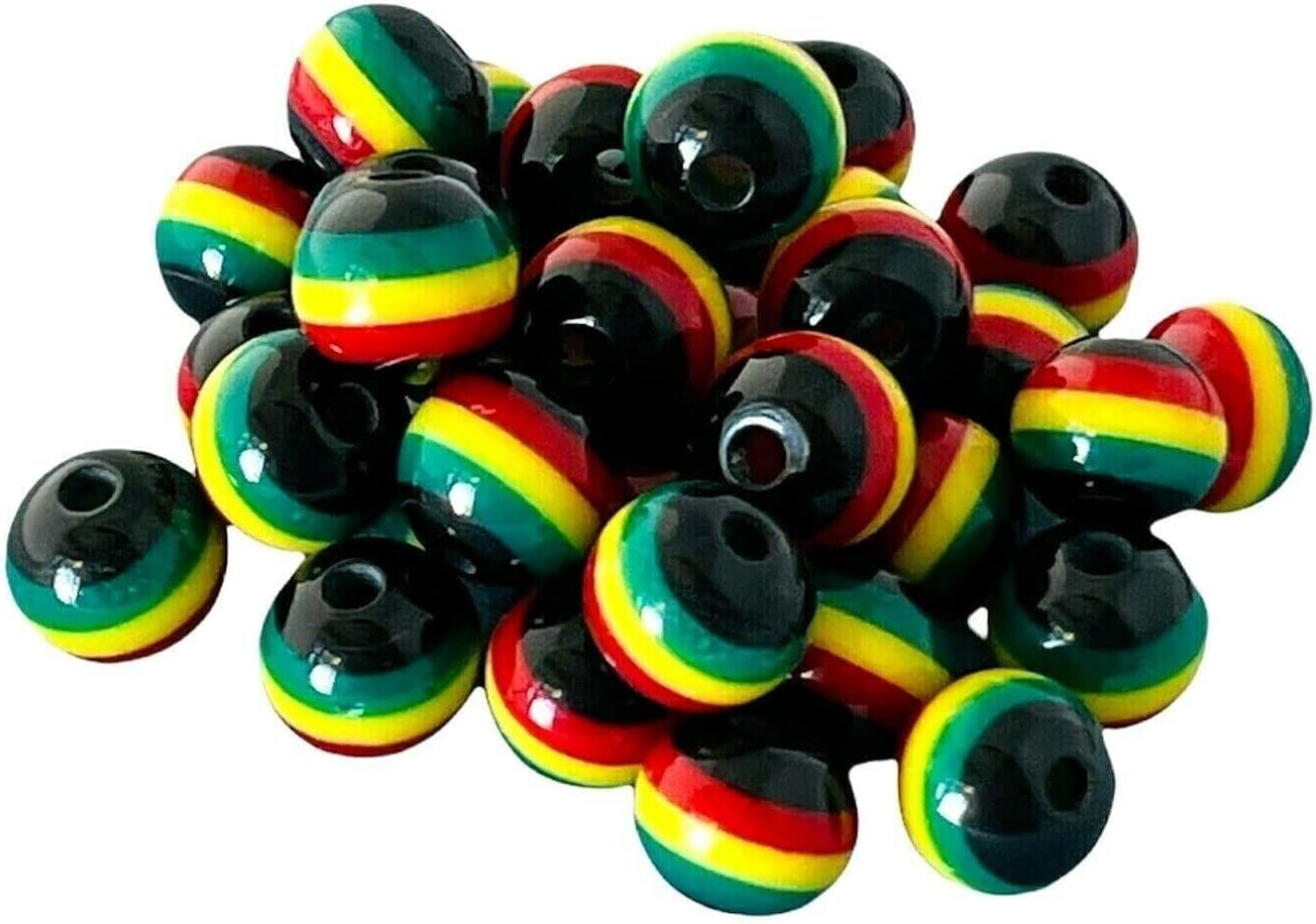 GenericGeneric 100 Rasta Jamaica UPOV Black Red Green Yellow DIY Striped Round Resin Beads 8mm