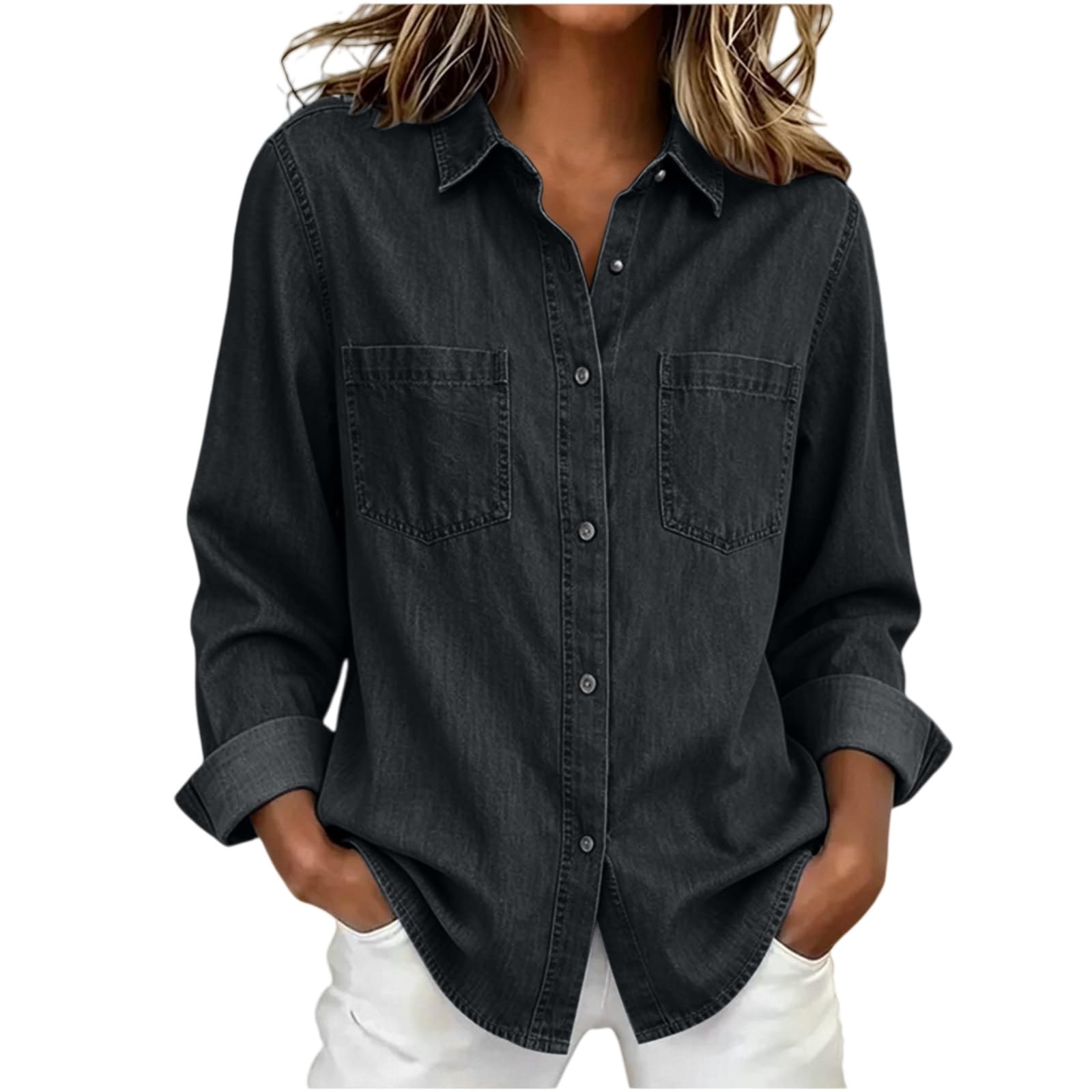 Camicia di jeans da donna a maniche lunghe, con bottoni, taglio largo, con tasche sul petto | Camicetta in jeans da donna con lavaggio morbido, maniche arrotolabili e orlo curvo per look casual