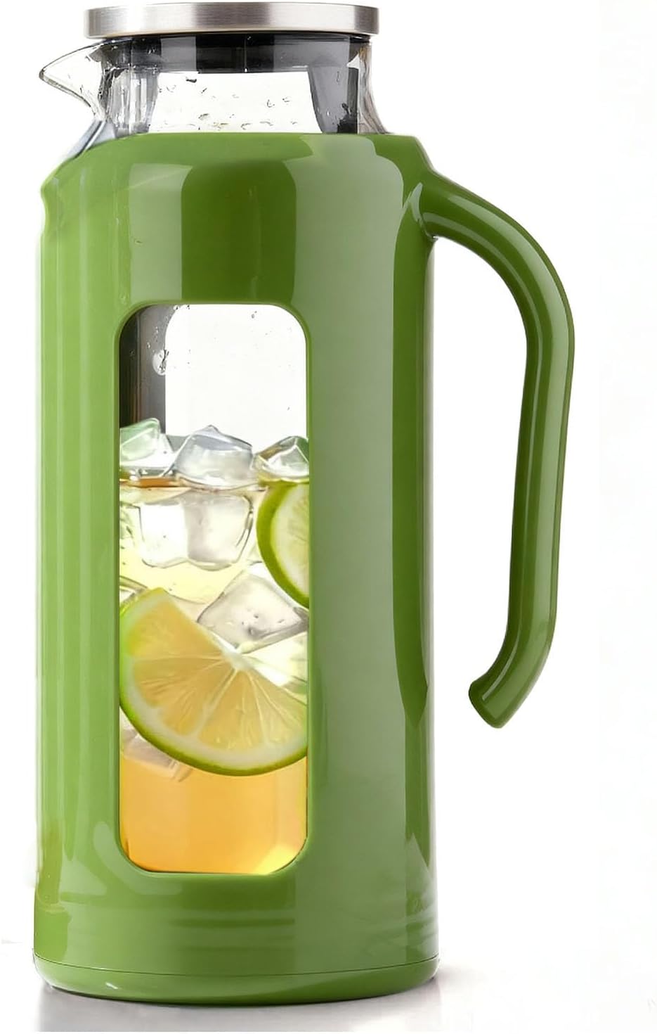 Delove Glass Pitcher with Lid & Shatterproof Shell – Heat-Resistant Borosilicate Glass Jug, 2 L/68 oz with Handle & Spout – Perfect for Iced Tea, Juice, Hot & Cold Water (Green)