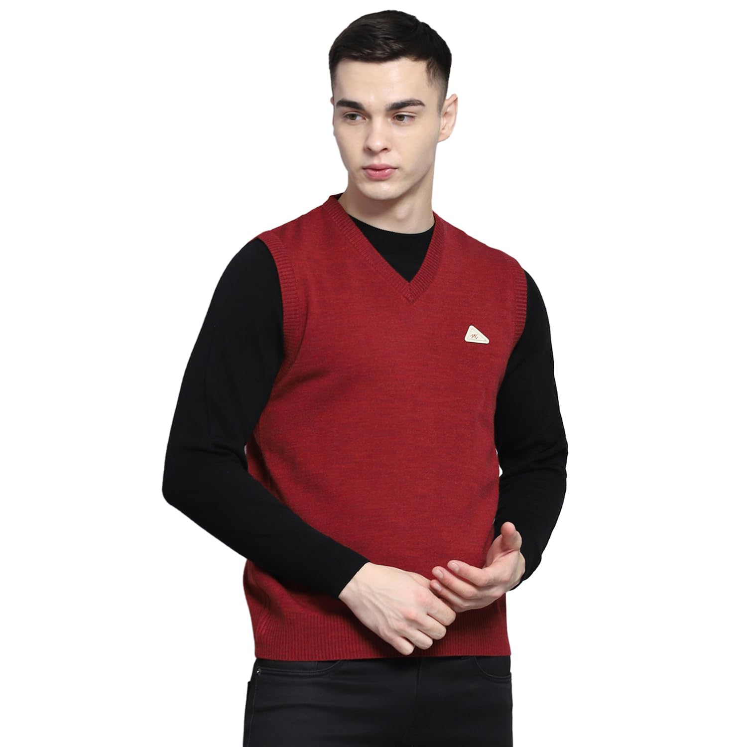 Mens Solid Wine V Neck Sleeveless Sweater_1240521SL-1146