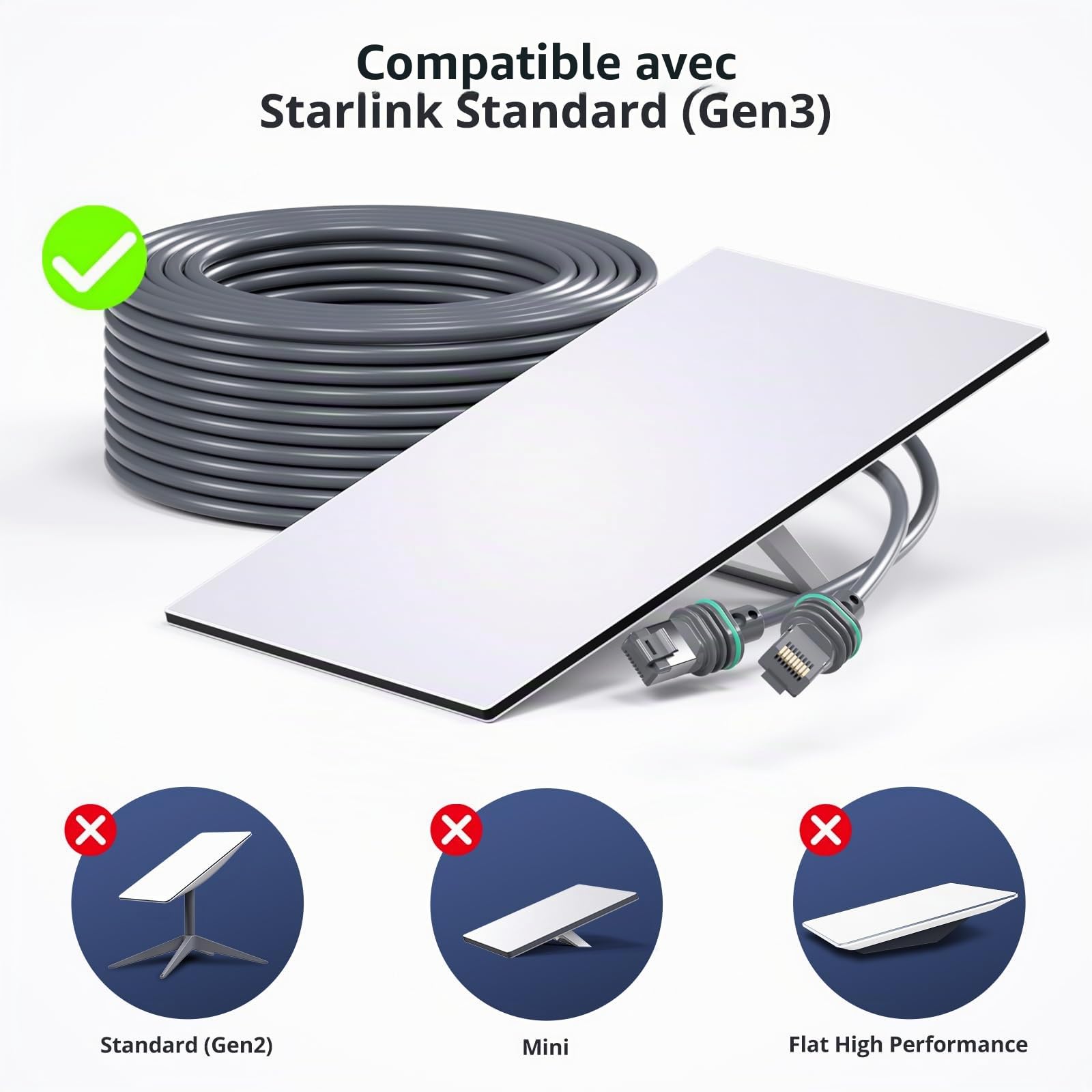 Starlink Câble Starlink Gen 3 46 m - Rallonge de câble Starlink étanche pour Starlink Standard Actuated Gen 3 / Satellite V3, câble Ethernet Starlink Gen 3, Plug and Play, gris