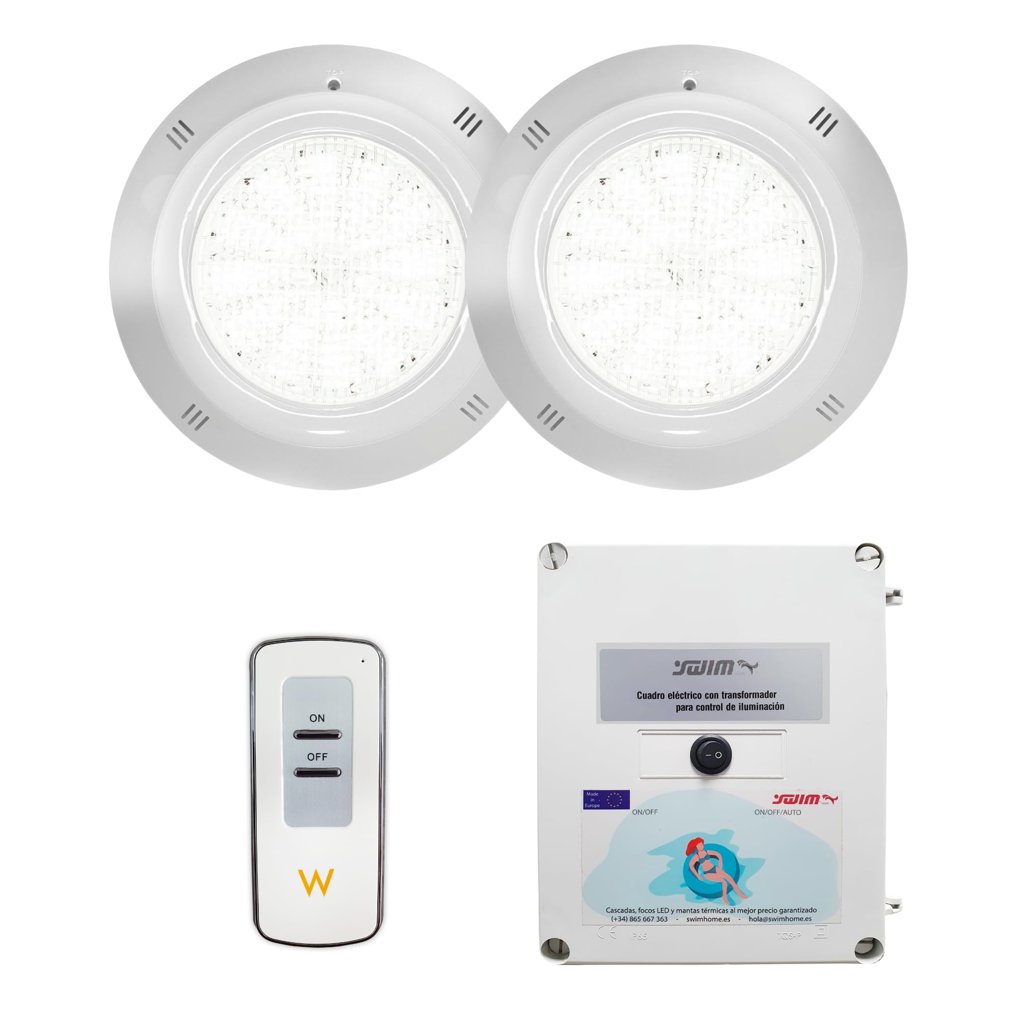 Pack Iluminación Piscina | 2 Focos LED de Superficie + Control Remoto ON/Off + Transformador | ABS Blanco Resistente | Ø29 cm 35W 12V/AC Blanco Frío 6000k | Transformador 100W 12V/AC