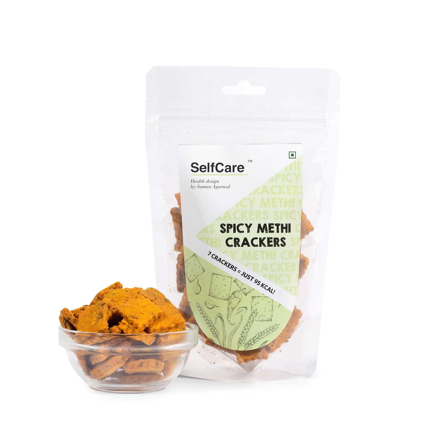 SelfCare By Suman Agarwal Spicy Methi Crackers Pack of 1 125g | Bakes - Healthy - Vegan | Snacks - Namkeen - Grocery | Spicy Crunchy & Chatpata - Tea time Snacking | Jain Travel & Diabetes Friendly