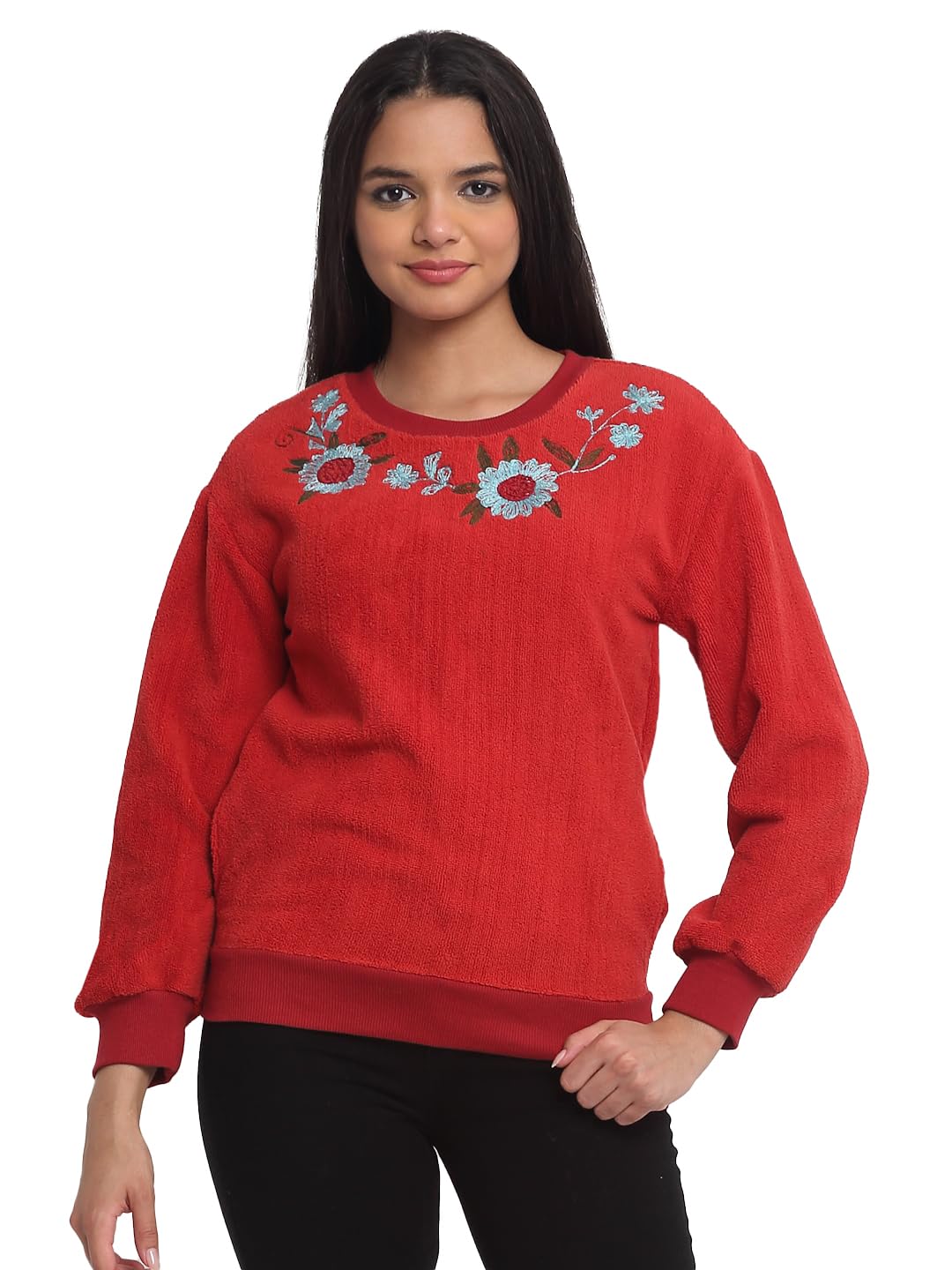 Red Round Neck Embroidered Long Sleeves Sweatshirts for Women-image-40