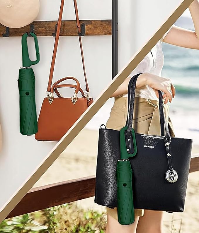 Image of TEKCOOL UV Umbrella with Novelty Carabiner Handle, Travel Umbrellas for Rain and Sun Windproof Compact, Automatic Open Close, 8 Ribs, Portable Umbrella for Men and Women(Green)