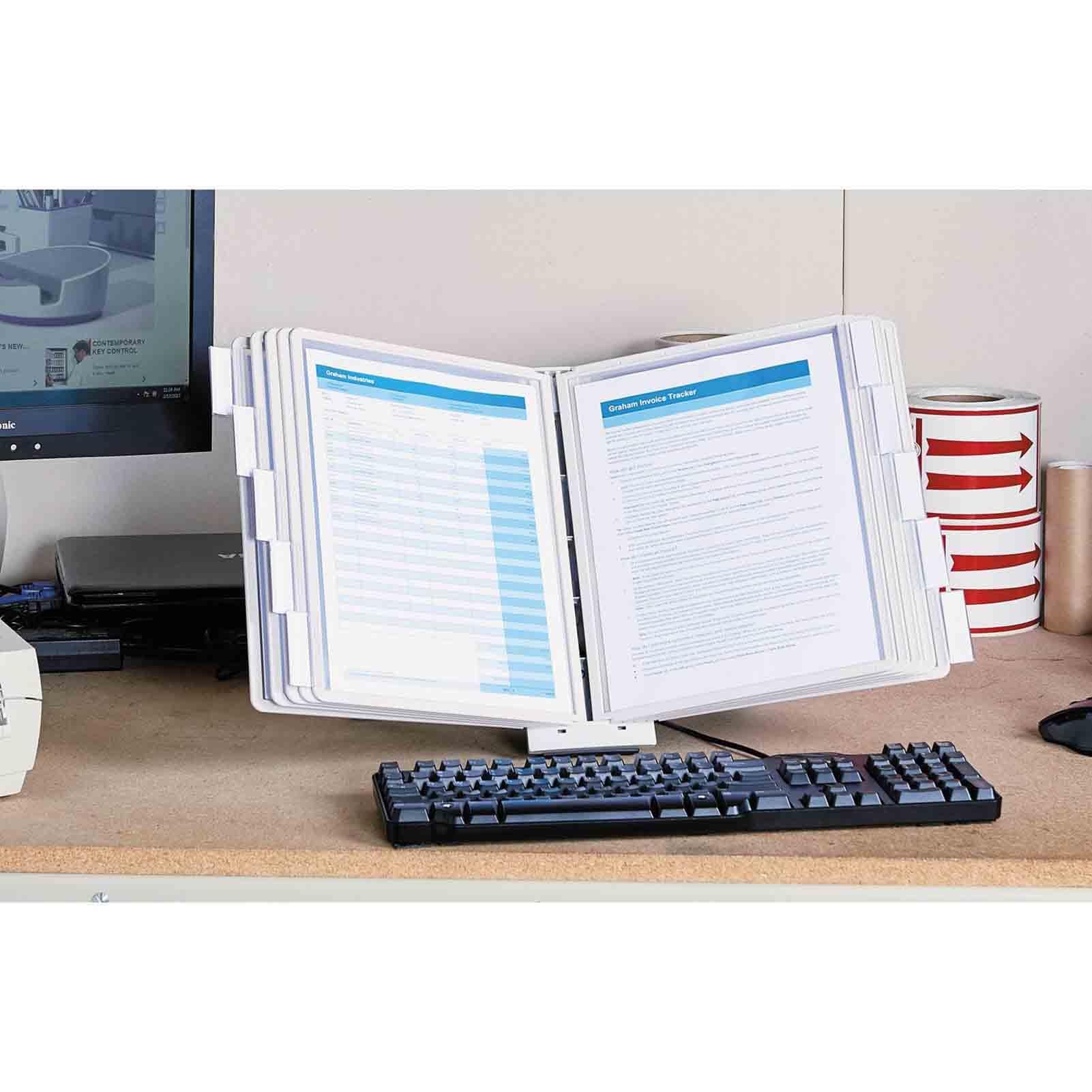Organizzatore Documenti Scrivania con Sistema Riferimento, Raccoglitore Fogli Mobili Tavolo, Espositore Cataloghi, 20 Tasche Doppia Faccia, Organizer Morsetto Scrivania