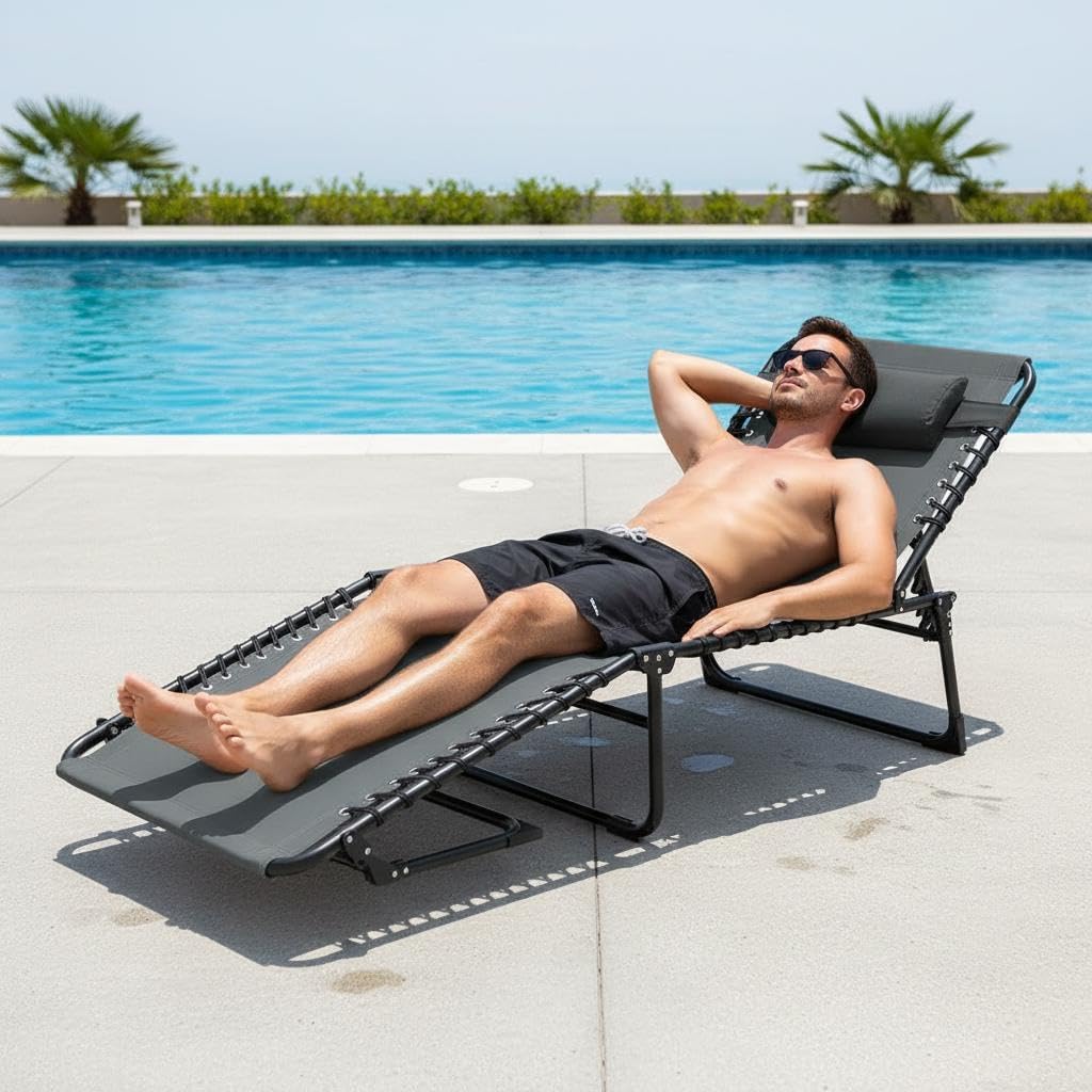 Outdoor Chaise Lounge Chair, Foldable Tanning Chair with 5-Level Adjustable Backrest, Portable Sun Lounger with Carry Handle, Side Pocket & Removable Pillow for Beach, Pool, Patio, Camping, Gray