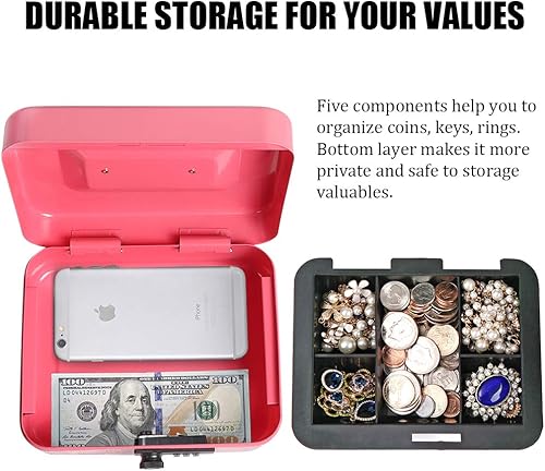 Miniatura 9 de Parrency - Caja de dinero con bandeja de dinero y cerradura de combinación, caja de dinero grande, 5 compartimentos para ciones y 4 clips con