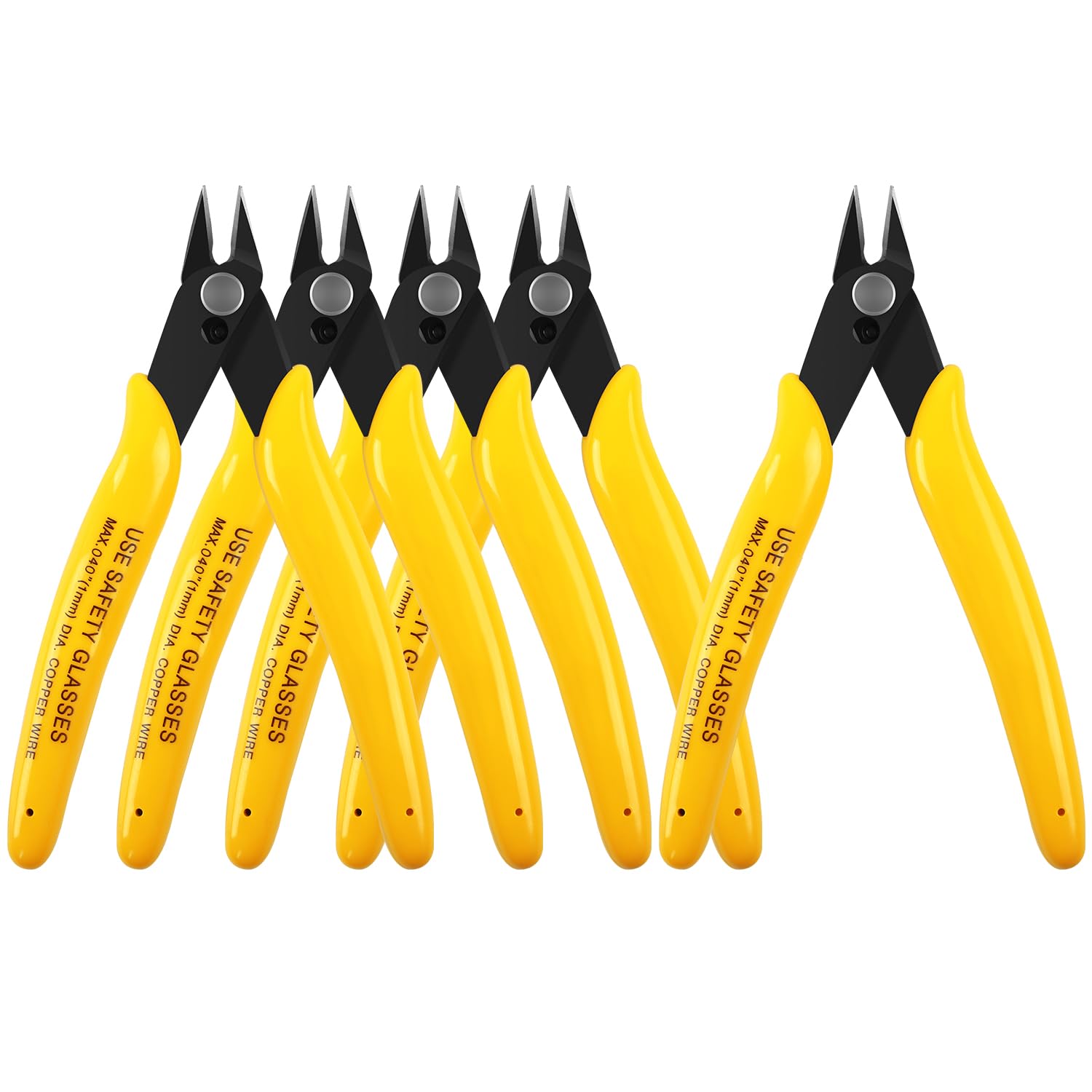 HongWay 5pcs Micro Flush Cutters, Wire Cutter with Internal Spring, Diagonal Cutters for Electronics, Heating Wire, Model Sprue, Soft Copper Wire Snips, 5 Inches, Yellow