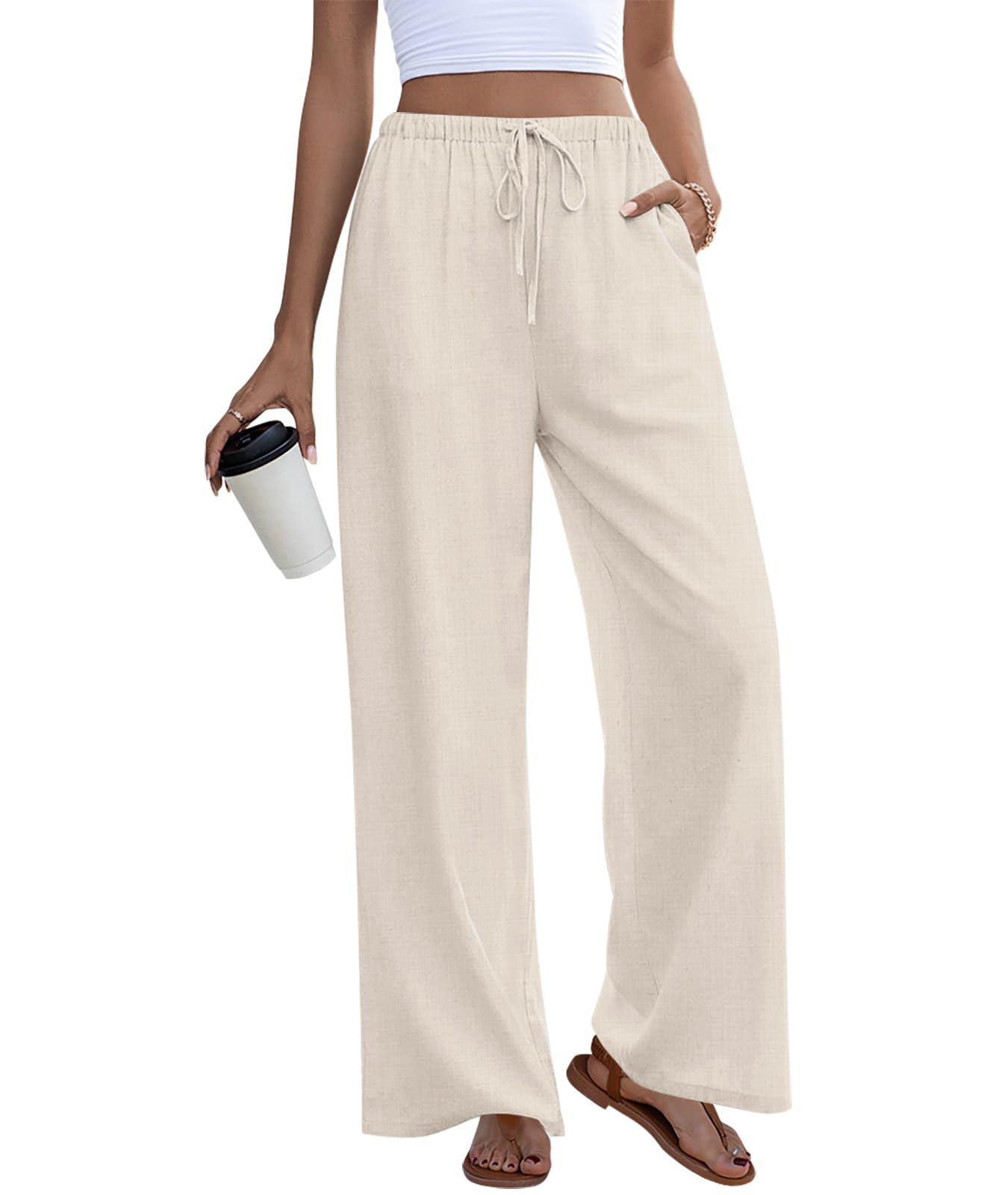 Anymeet Womens Soft Spring Pants Wide Leg Casual Drawstring High Waist Long