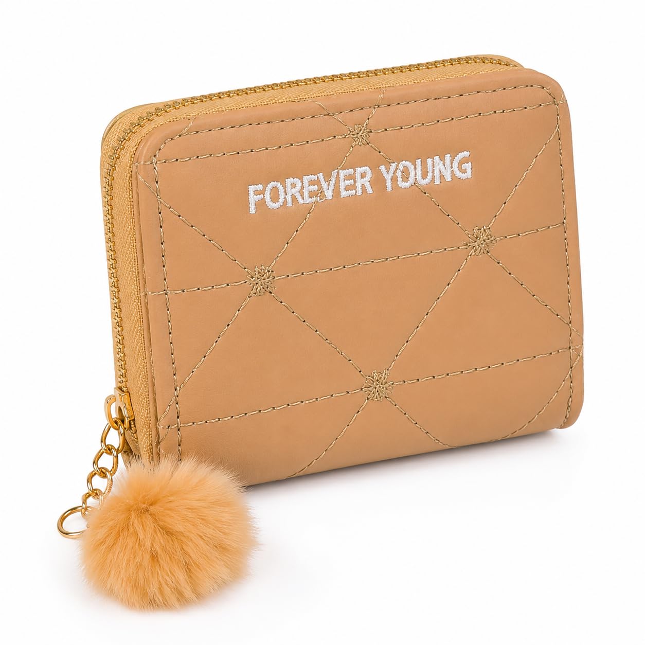 Forever Young Quilted Small Wallet for Women, Mini Zip Around Coin Purse with Fur Pom Pom Keychain, Cute PU Leather Card Holder Clutch, Beige Stitched Purse for Girls (1 Pc)-image-33